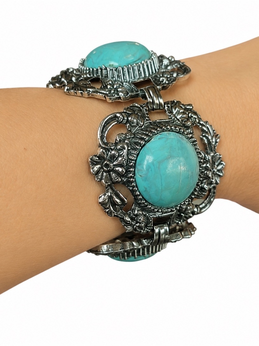 Vintage Faux Turquoise Silver Chunky Boho Western Bracelet